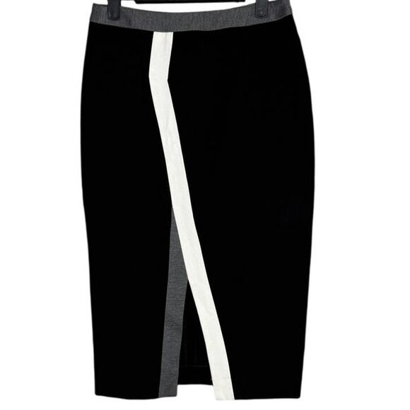 Alvin Valley Color Block Trim Accent Pencil Fitted Midi Skirt Slit S Black White - Picture 1 of 15